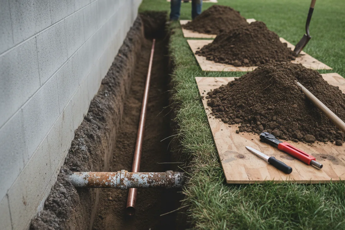 Excavated water line trench during Water Heater Repair in Dewey